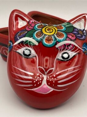Hand Painted Red Ceramic Folk Art Cat Trinket Box